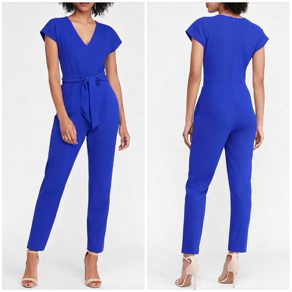Express V-Neck Tie Waist Straight Leg Jumpsuit with Pockets